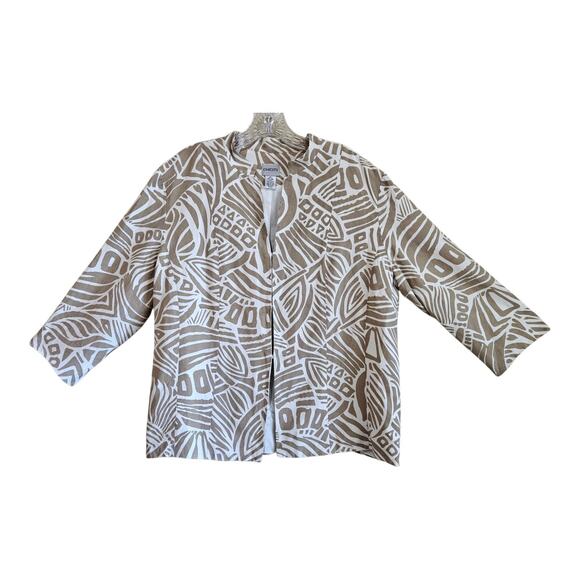 CHICO'S 3 Women XL Blazer Jacket Silk Linen Safari Pattern Beige White Hooks 44" - Picture 1 of 7
